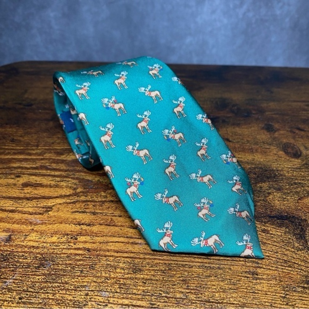 TOMMY HILFIGER Green Christmas Lights Moose Polka Dot Tail Silk Narrow Tie 60.5”